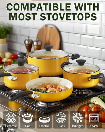 Набір кухонного посуду Cook N Home керамічний антипригарний 10 предметів, жовтий: каструлі, сковороди, каструля-казан з кришкою