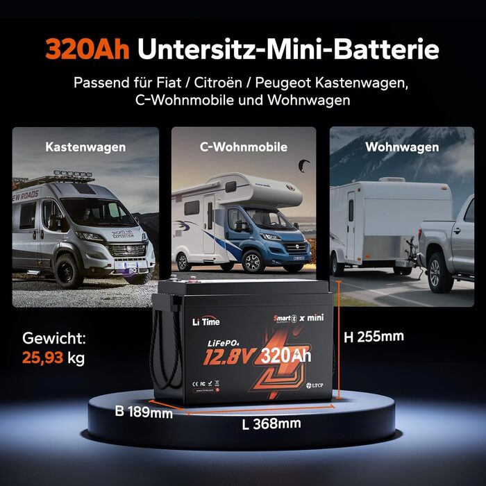 Літієва батарея LiTime LiFePO4 12V 100Ah H190 з Bluetooth для кемпінгу та автобудинків (1 шт, 12V320Ah Mini BT)