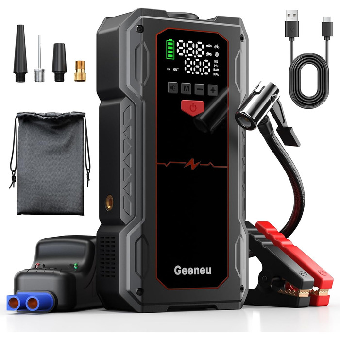 Бустерний пускач автомобіля Starthilfe Powerbank 6000A з компресором 150PSI, портативний зарядний пристрій для авто 12V (бензин до 9л / дизель до 7.5л), чорний