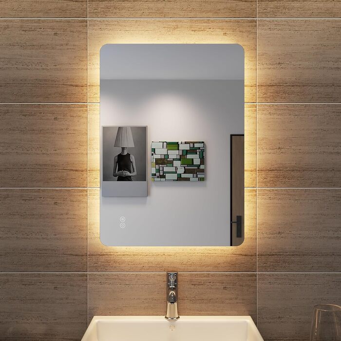 Дзеркало для ванної кімнати SONNI LED з підсвічуванням 50x70 см, сенсорне керування, 3 кольори світла, проти запотівання, функція пам'яті, білий