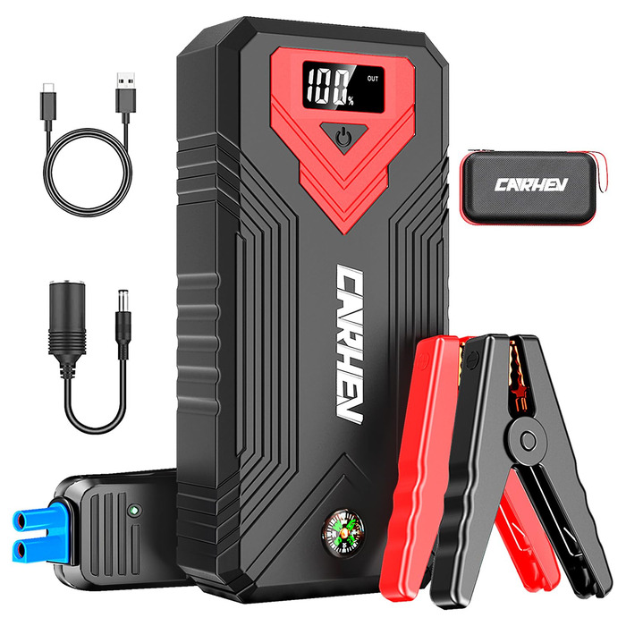 Бустер для авто CARHEV Jump Starter 3000A — Пусковий пристрій з LCD-дисплеєм для бензинових (до 8л) та дизельних (до 8л) двигунів, 12V Powerbank з USB швидкою зарядкою та LED-ліхтарем