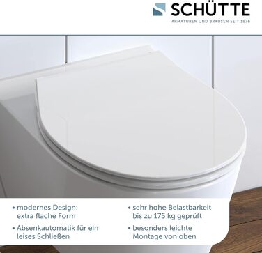Сидіння для унітаза SCHÜTTE SLIM з мікроліфтом (м'яке закриття) та швидким монтажем, матеріал дуропласт, біле, витримує до 175 кг