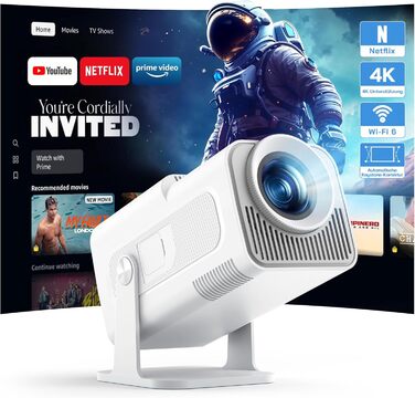 WOLFANG Міні проєктор 4K з Netflix, 26000 люмен, WiFi 6, Smart, 50% Zoom, 180° обертання, сумісний з TV Stick, iOS, Android, PC, PS5, HDMI, AV