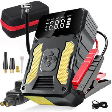 Пусковий пристрій для авто (бустер) з компресором 6000A, портативний Jump Starter Powerbank з LED-ліхтарем та дисплеєм, жовто-чорний
