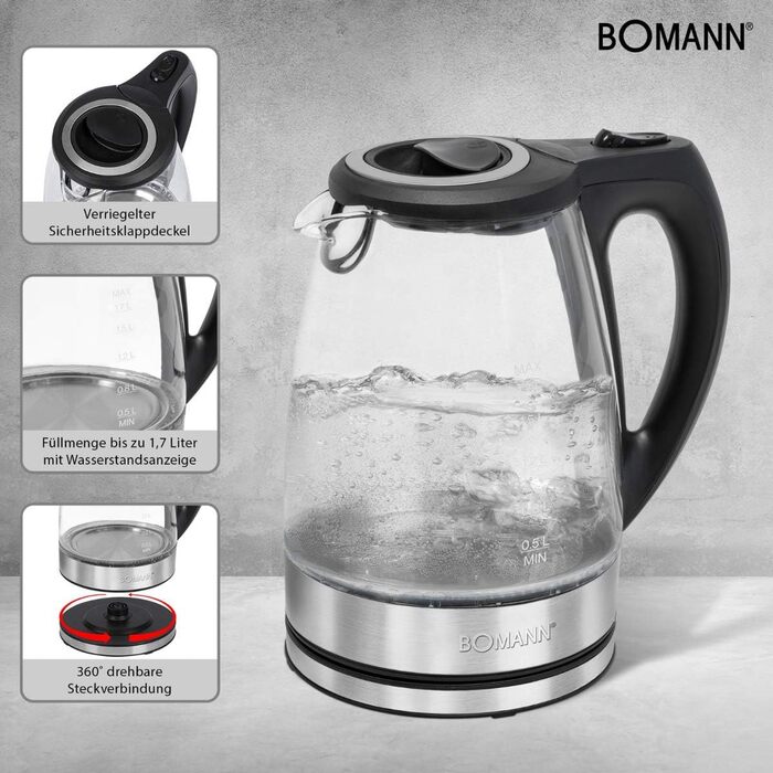 Електрочайник скляний Bomann WKS 6032 G CB, 1,7 л, скло-нерж. сталь, бездротовий, із захистом, обертовий на 360°