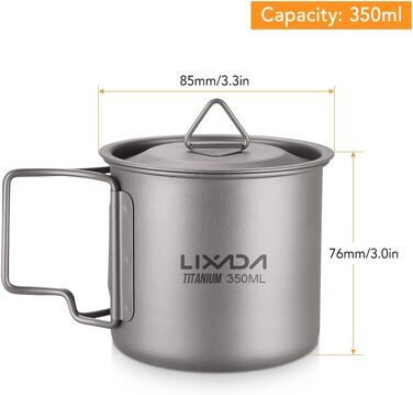 Титанова кружка-каструля Lixada 900 мл з кришкою та складаною ручкою для кемпінгу, трекінгу та туризму