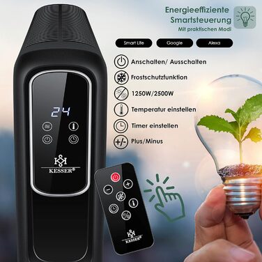 Електричний конвектор KESSER ECO 2500Вт з WiFi, термостатом, сенсорним дисплеєм, таймером, чорний, енергоощадний радіатор з додатком та пультом ДУ