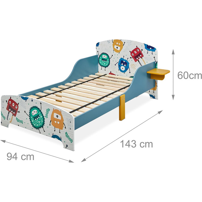 Дитяче ліжко Relaxdays 60x94x143 см, з бортиками, полицею, малюнком Монстри, з рейковим дном, МДФ, кольорове