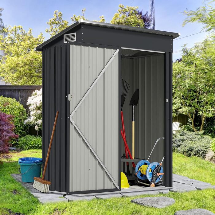Металевий садовий будиночок COSTWAY 150x90,5x185 см, 1,5 м³, з похилим дахом та дверями, замикається - сірий