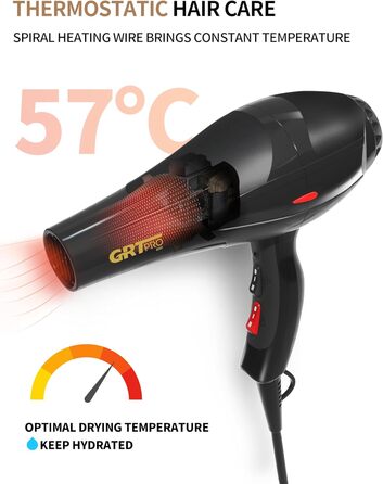 Професійний іонний фен для волосся 2400W з AC-мотором, дифузором і 2 насадками, для салону, подорожей і дому, чорний
