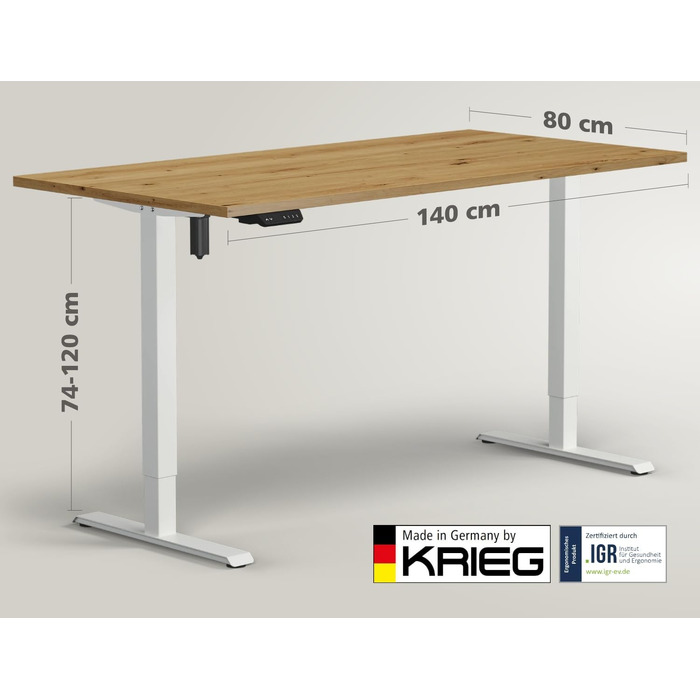 Електричний стіл KRIEG HighDesk SMART з регулюванням висоти - білий/дуб (140x80 см)