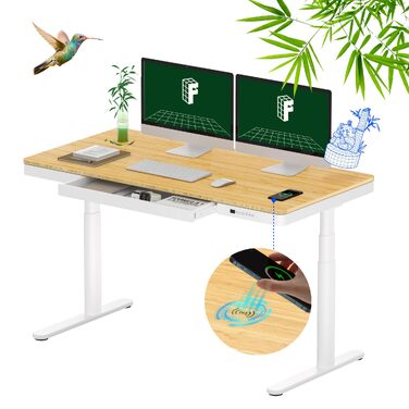 Електричний стіл FLEXISPOT Q8 з бездротовою зарядкою, висувним ящиком та системою організації кабелів, 140x70 см, бамбукова стільниця, біла рама