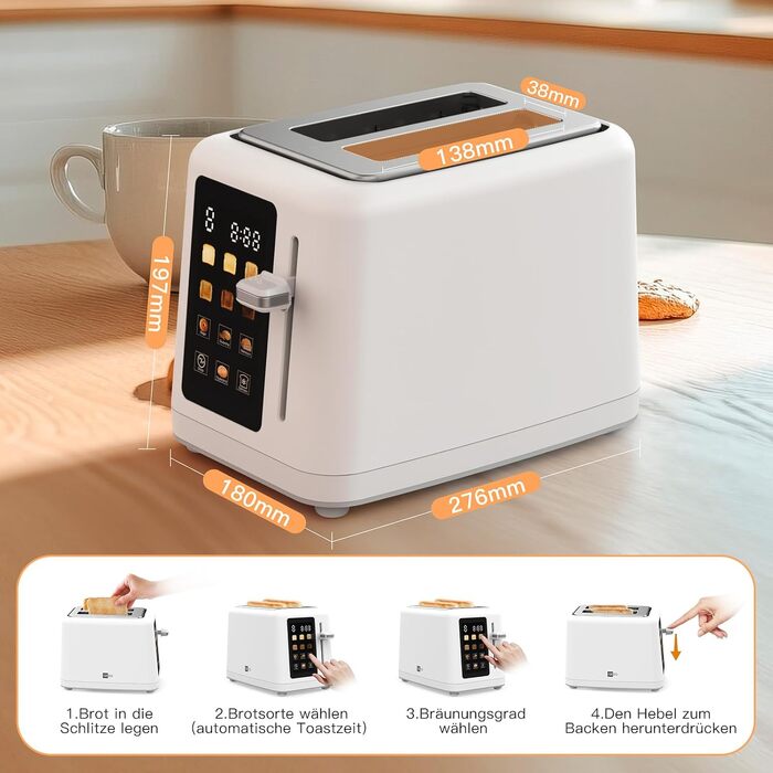 Тостер aeco toastlab Elite на 2 тости, з підставкою для булочок, широкі слоти, 6 рівнів підсмажування, 10 програм, 850W, LCD-дисплей, функція підйому, розморожування, піддон для крихт (MAX)