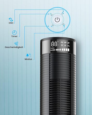 Оcцилюючий безлопатевий вентилятор PureMate 117 см, з пультом ДУ, 3 швидкості, 4 режими, таймер 12 год, 45 Вт, тихий, для дому та офісу, чорний