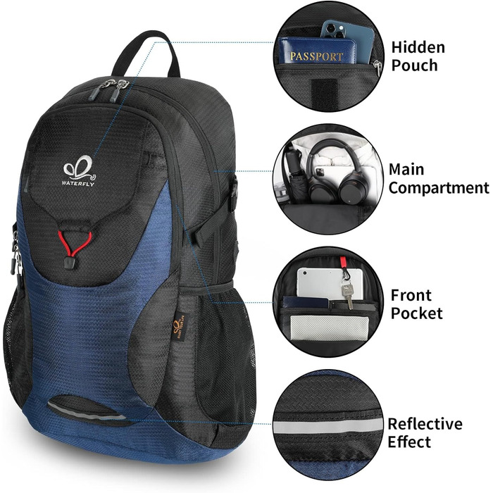 Складаний рюкзак WATERFLY 30 л для туризму та подорожей, з вологовідділенням, ультралегкий, для чоловіків і жінок, синій/чорний