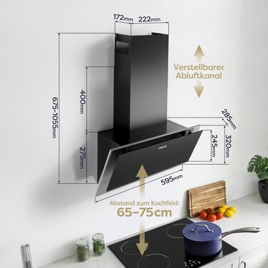 Похила витяжка для кухні CIARRA CBCB6736C 60 см, чорна, потужність 370 м³/год, LED-підсвітка, режим рециркуляції та відведення, рівень шуму 57 дБ