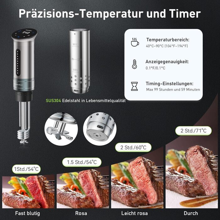 Sous Vide занурювальний циркулятор KitchenBoss G310PS-SC: точний контроль температури, Wi-Fi, LED дисплей, 1100W, IPX7 водонепроникність