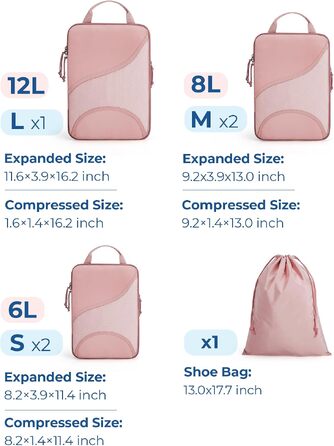 Набір компресійних органайзерів для подорожей BAGSMART для валізи, 6 предметів, легкі пакувальні куби для одягу та речей, світло-рожевий
