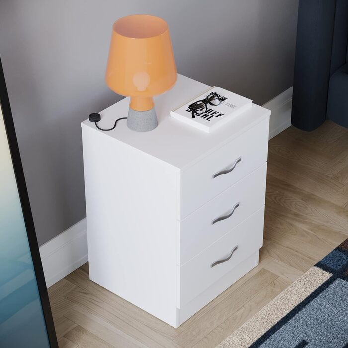 Тумба приліжкова Vida Designs Riano, 3 шухляди, білі, металеві ручки, захист від прогину, спальня, 56x40x36 см