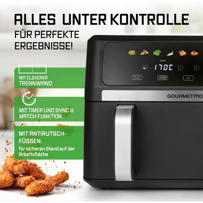 Аерофритюрниця GOURMETmaxx AirGenius 10Л з двома камерами (2x5Л), сенсорним керуванням та 10 програмами приготування, для 8 осіб