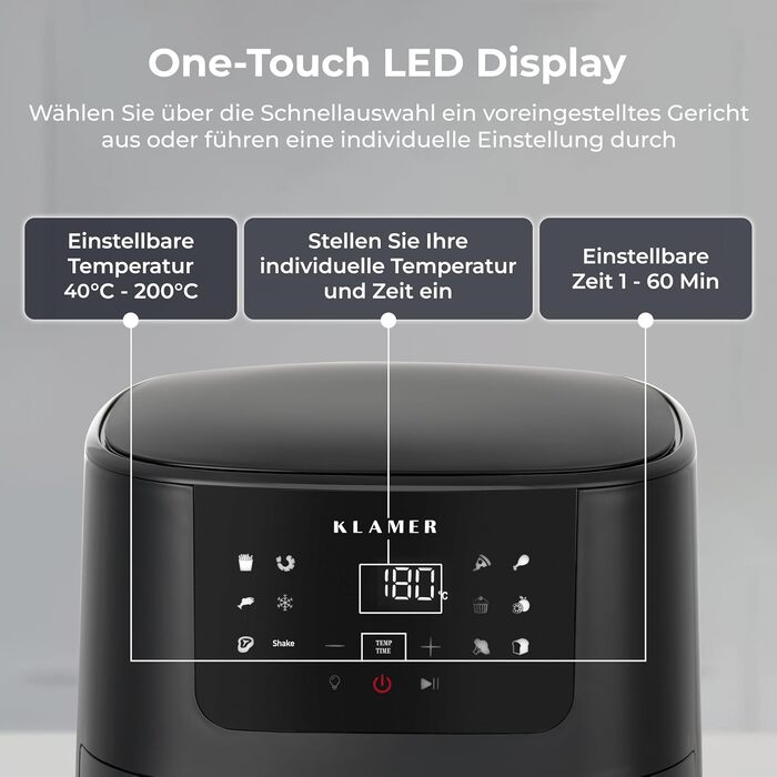 Аерофритюрниця KLAMER 5л XL з вікном та LED-дисплеєм, безмасляна фритюрниця 1500Вт з функцією нагадування про струшування та книгою рецептів