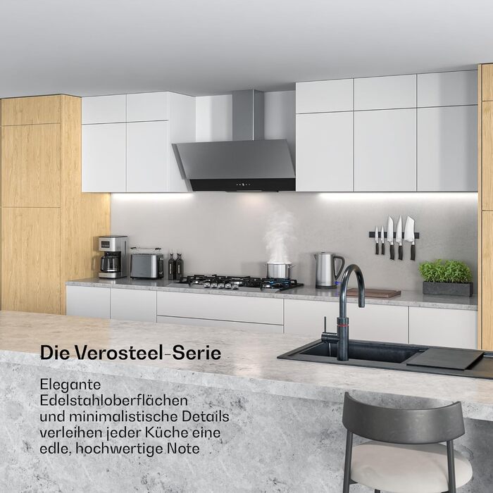 Витяжка для кухні Klarstein Verosteel, 90 см, нержавіюча сталь та скло, продуктивність 624 м³/h, клас енергоефективності A++, сенсорне керування, LED-підсвітка, тиха робота