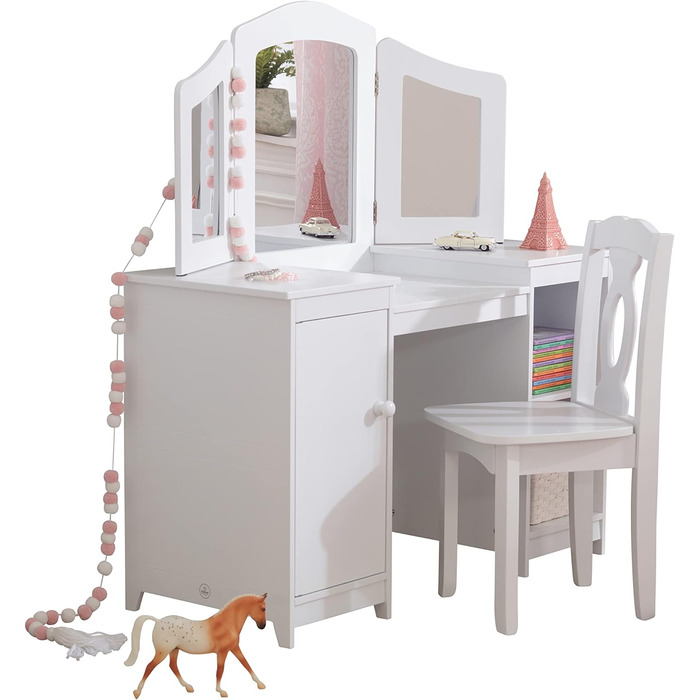 Дитячий туалетний столик KidKraft Deluxe з дзеркалом і стільчиком, білий, дерев'яний, для дітей, з шухлядами, меблі для дитячої кімнати, 13018