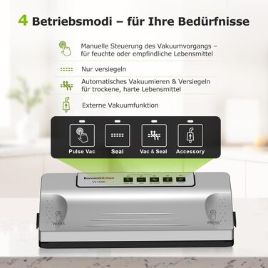 Вакуумний пакувальник Bonsenkitchen VS1800 сріблястий, 30 см, імпульсний режим, зовнішній підключення, захист від перегріву + 5 пакетів
