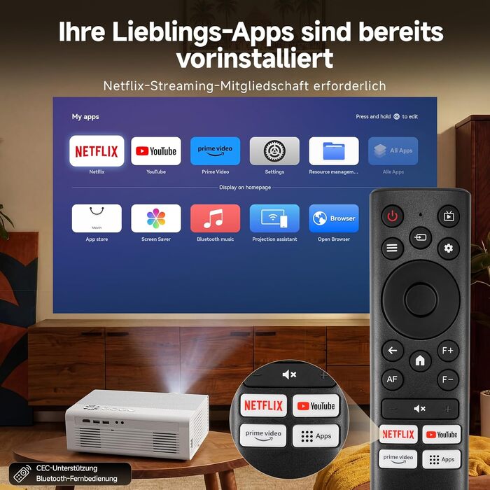 4K Smart проєктор KOGATA з Wi-Fi та Bluetooth, HDR10+, Автофокус, 6D Keystone. Підтримка Netflix, Dolby Audio. Для дому та вулиці, білий.