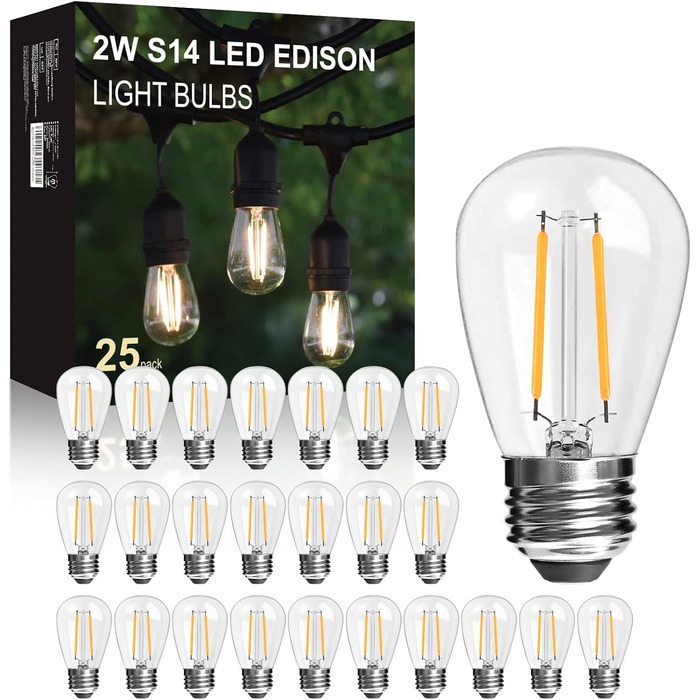 25 LED-ламп E27 2W, скляні, тепле світло 2700K, для ліхтарів та гірлянд, не димуються, 25 шт.