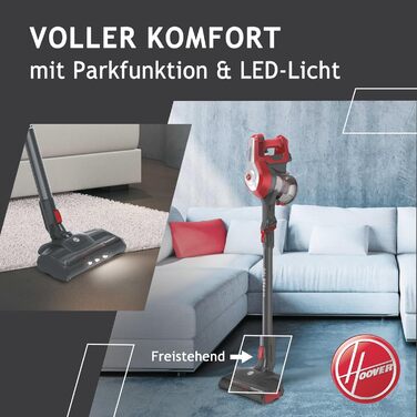 Пилосос акумуляторний Hoover H-FREE 100 HOME без мішка, до 40 хв роботи, бездротовий, з LED-підсвіткою, XL контейнером для пилу, паркувальною функцією, щілинною насадкою та щіткою, червоний/титановий