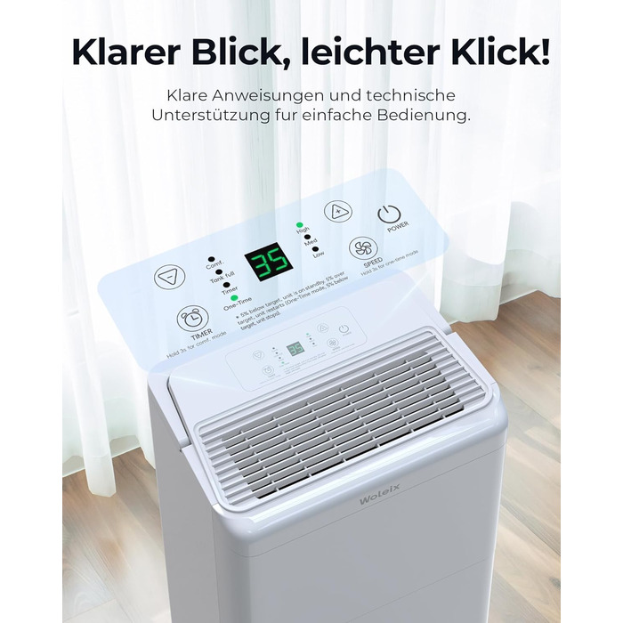 Електричний осушувач повітря 12L для підвалу та кімнат, тиха робота 35dB, фільтр, шланг 1м, таймер, 10 років гарантії (20л/день)