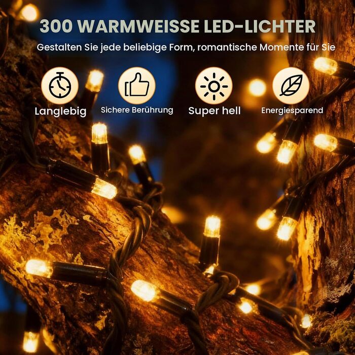 Світлодіодна гірлянда для вулиці та дому 33м, 300 LED, теплий білий колір, 8 режимів роботи, таймер, IP65 водонепроникна, розширювана новорічна ілюмінація для саду та свят