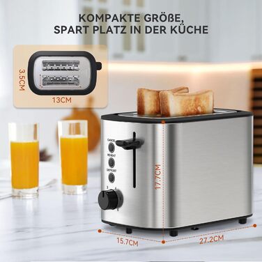 Тостер KitchenBoss Edelstahl на 2 тости: з підставкою для булочок, знімним піддоном для крихт, 6 рівнів підсмажування, автовимкнення, розморожування та підігрів - 870 Вт