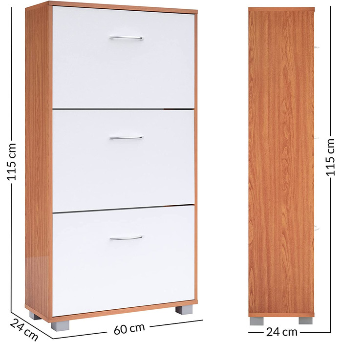 Шафа для взуття Casaria® на 18 пар, вузька, 115x60x25 см, 3 дверцята, дерев'яна, закрита, з фіксацією від перекидання, для прихожого/коридору, колір бук/білий