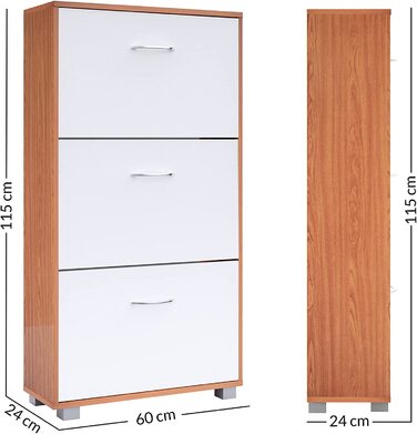 Шафа для взуття Casaria® на 18 пар, вузька, 115x60x25 см, 3 дверцята, дерев'яна, закрита, з фіксацією від перекидання, для прихожого/коридору, колір бук/білий