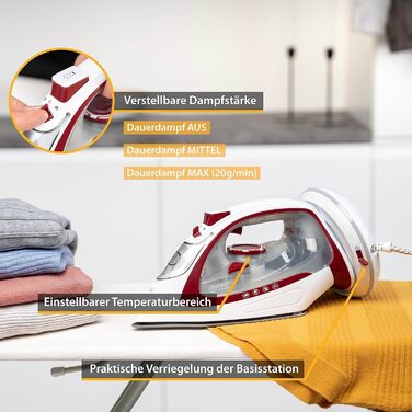 Бездротова парова праска TZS First Austria з керамічною підошвою, регулюванням температури та пари, базовою станцією, вертикальним відпарюванням, захистом від накипу, крапель і самоочищенням, резервуаром 450 мл, біло-червона