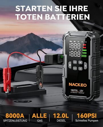 Пусковий пристрій (бустер) 8000A для авто з компресором 160 PSI, Powerbank 12V для бензинових та дизельних двигунів до 12л, з LED-ліхтарем 600LM та LCD-дисплеєм