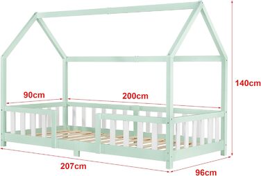 Дитяче ліжко-хаус Sisimiut 90x200 см з бортиками, підліжковим каркасом, з масиву сосни, світло-сіре/біле, [en.casa]