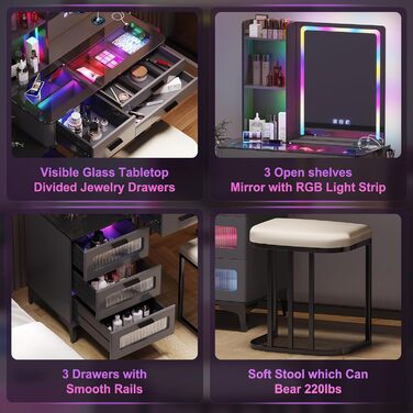 Туалетний столик з підсвіткою RGB, LED дзеркалом, табуретом, 6 шухлядами, скляною стільницею, тримачем для фену, USB Type-C, чорний