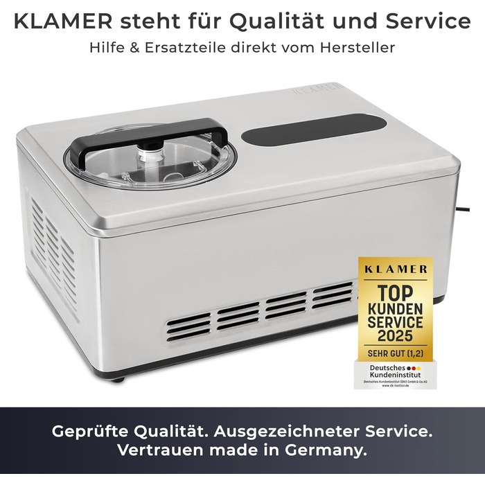 Морозиворобка KLAMER 2-в-1 з функцією йогуртниці, 2 л, 220 Вт, нержавіюча сталь, самоохолоджуючий компресор, регулятор консистенції, сріблястий