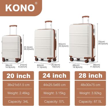 Чемодан середнього розміру KONO 24 дюйми з ABS, TSA-замком та 4 колесами (65×44×25.5 см)
