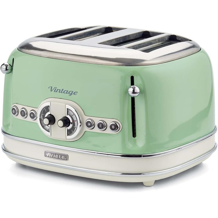 Тостер Ariete Vintage 156 на 4 тости, 1600 Вт, ретро дизайн, 6 режимів підсмажування, автоматичний викид, функція розморожування, знімний піддон для крихт, корпус із нержавіючої сталі, зелений