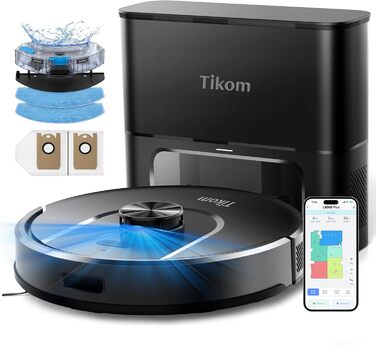 Робот-пилосос Tikom L8000 Plus з функцією миття, 6000Pa, LiDAR, Wi-Fi, для тварин та килимів