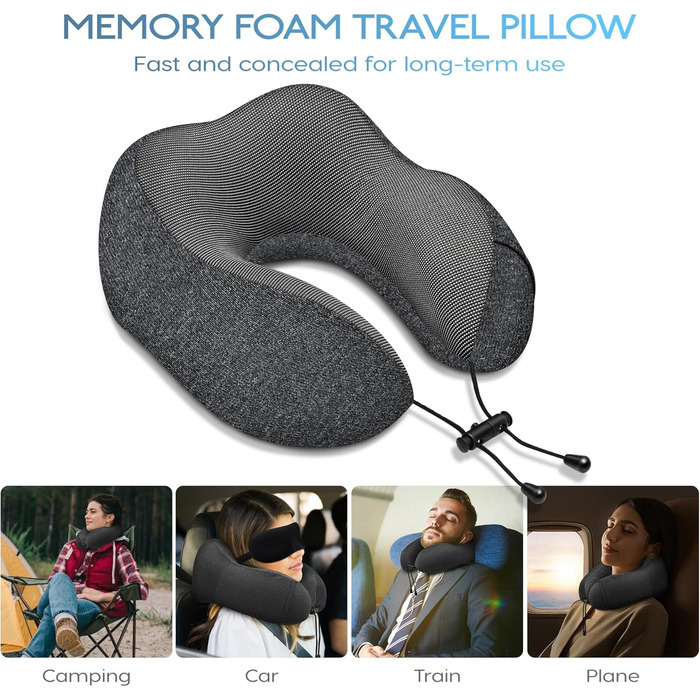 Подушка під шию для подорожей з ефектом пам'яті (Memory Foam) з 3D-маскою для сну та берушами, сіра