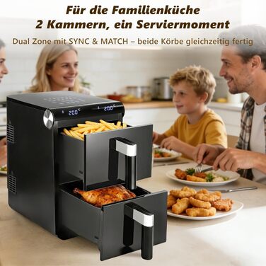 Аерофритюрниця Citybee XXL 10L (5L+5L) з двома камерами та вікном, Dual Zone Airfryer 2200W, сенсорне керування, таймер 24г, чорна