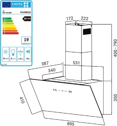 Витяжка кухонна KKT KOLBE TRIO8025S 80см, чорна, скло, керування жестами та SensorTouch, LED-підсвітка, режим рециркуляції та відведення, продуктивність 782 м³/год