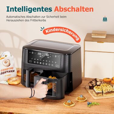 Аерофритюрниця з двома камерами та вікном перегляду 9л, Airfryer 9-в-1 з сенсорним керуванням, антипригарне покриття, для здорового приготування без олії