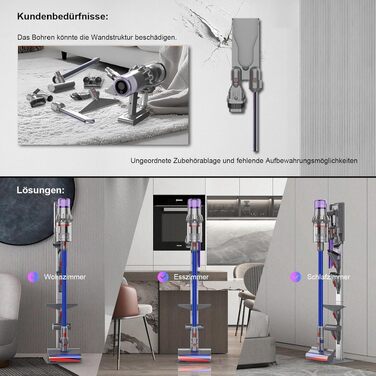 Стійка для бездротового пилососа Dyson з гачками для зберігання, сталь, сірий колір - настінний монтаж без свердління