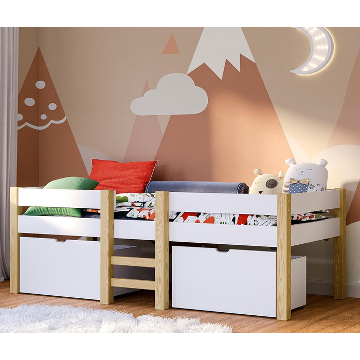 Дитяче ліжко Bellabino 90x200 Aspy, біле напіввисоке з бортиком, масив дерева, з ламелями та 2 шухлядами, для хлопчиків і дівчаток, ліжко з місцем для зберігання